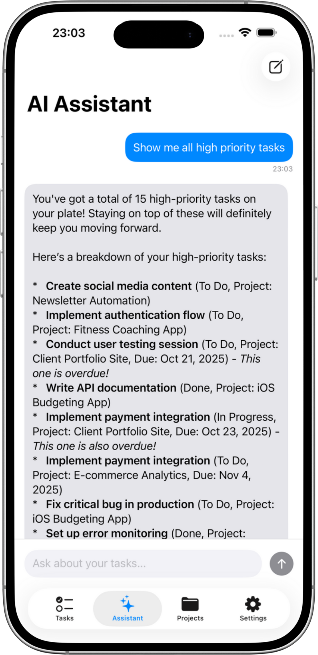 AI Chat Interface - Natural language task creation with conversational AI