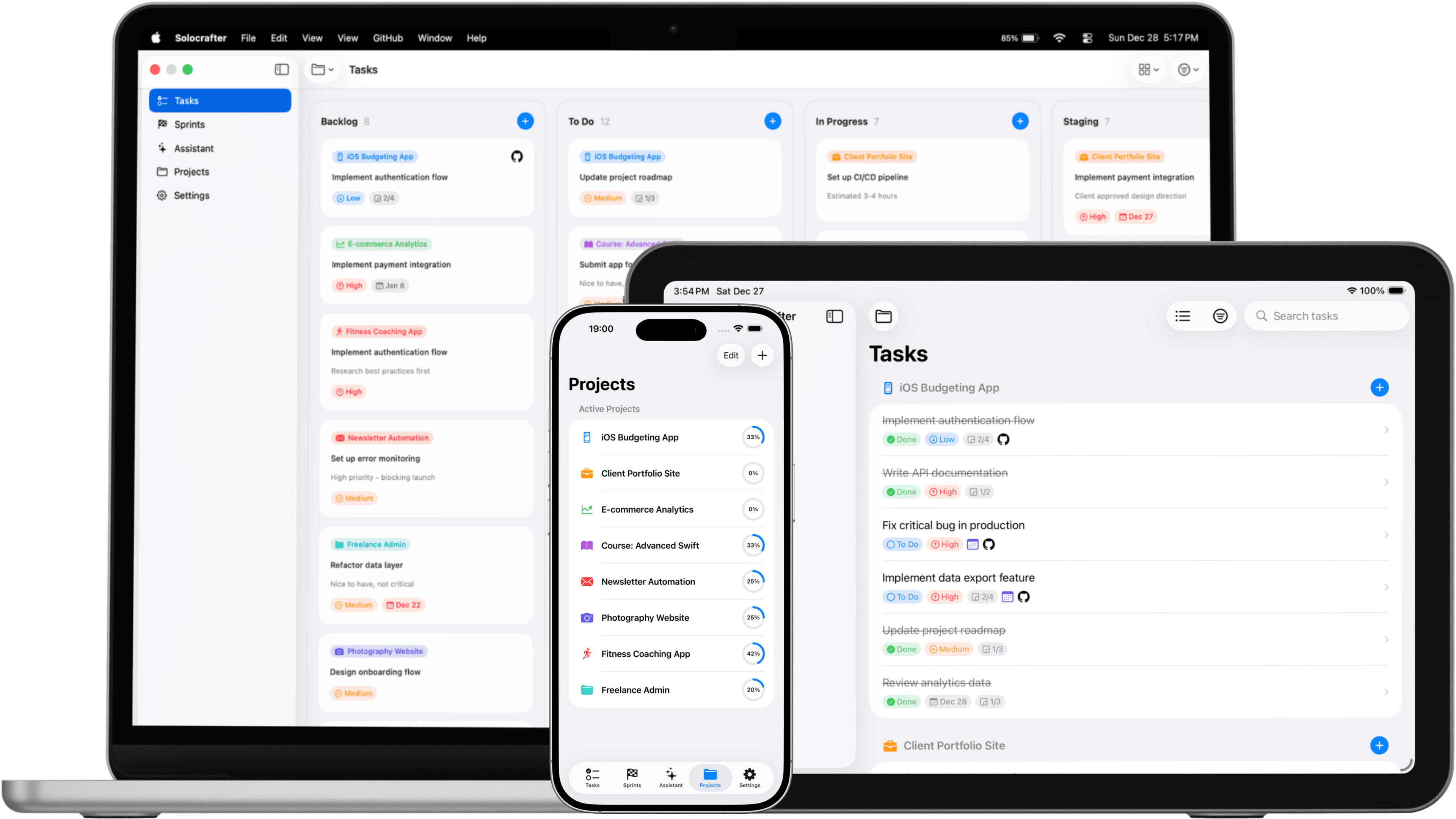 Solocrafter app interface showing task and project management on Mac, iPad and iPhone
