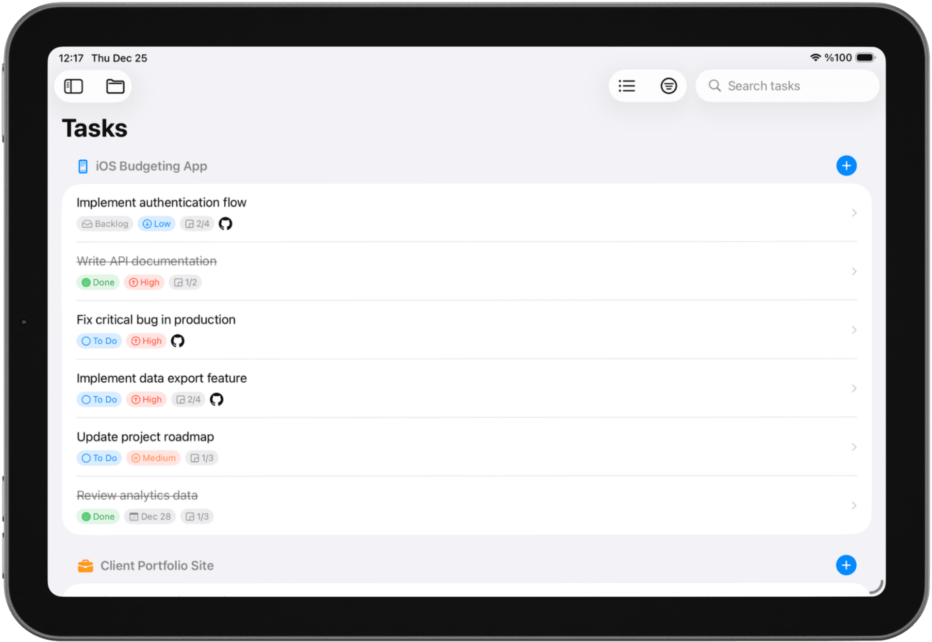 Solocrafter task list for students on iPad