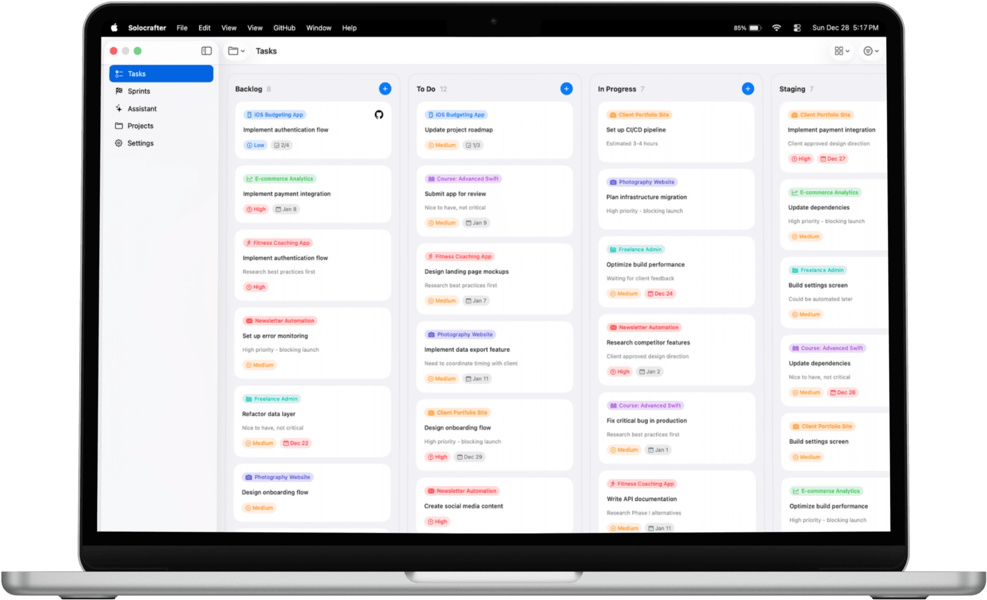 Solocrafter task manager interface on Mac showing Kanban board