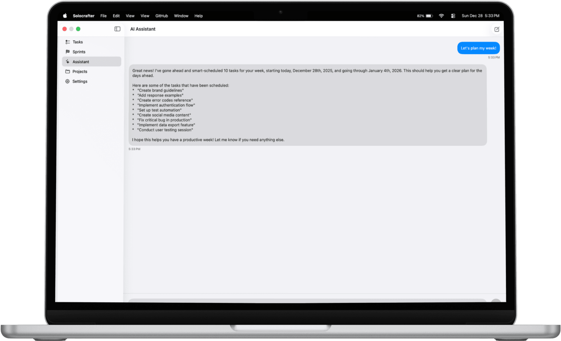 Solocrafter calendar view on Mac