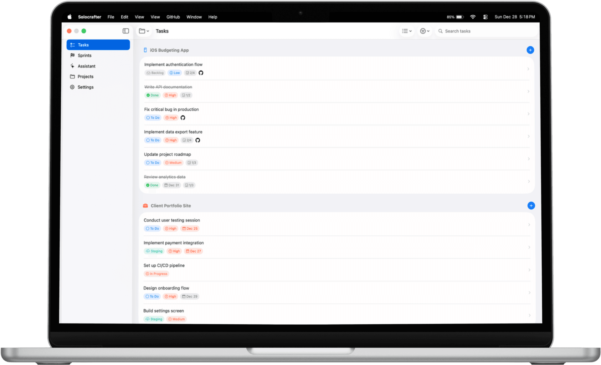 Solocrafter task management interface for developers