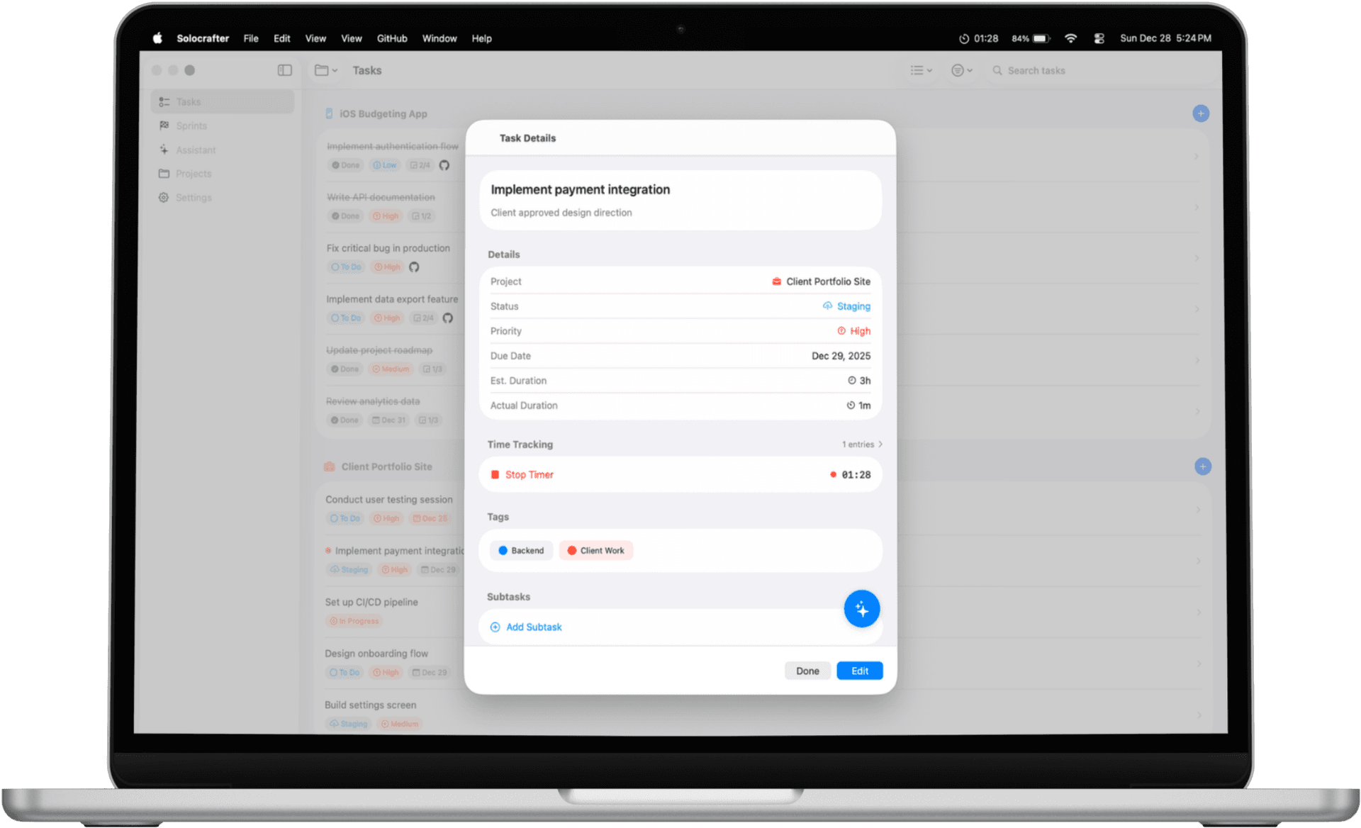 Solocrafter time tracking on Mac