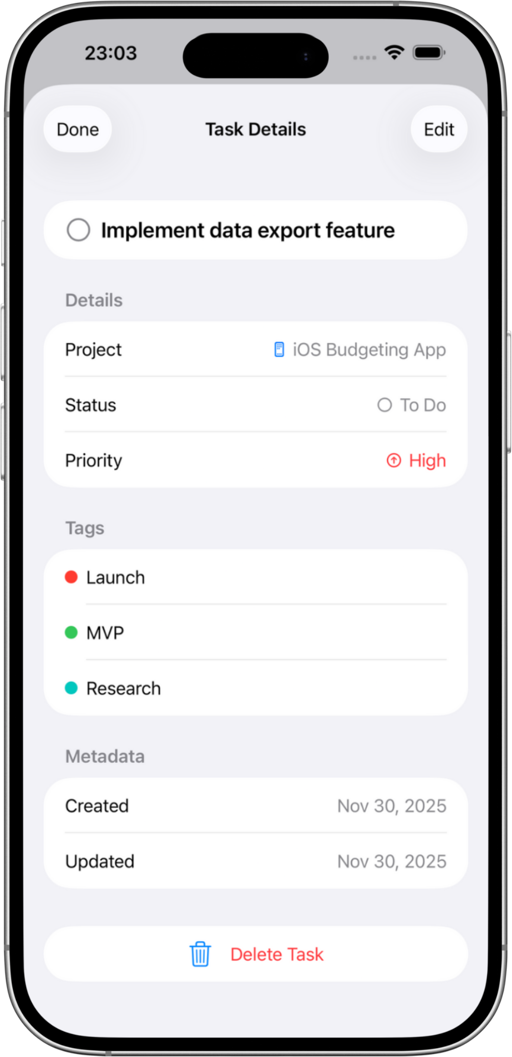 Task Detail View - Rich task properties and intelligent management